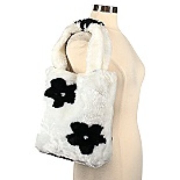 Unbranded Handbags - Faux Fur Flower Tote Bag in Black and White